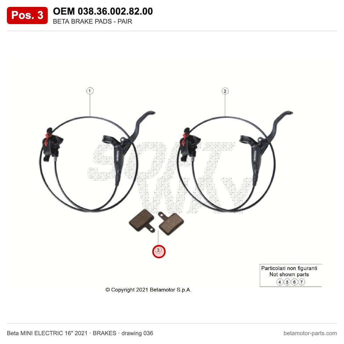 BETA BRAKE PADS - PAIR – OEM 038.36.002.82.00, position 3 on the Beta MINI ELECTRIC 16" 2021 brakes drawing