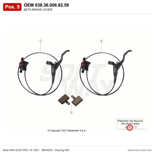 BETA BRAKE LEVER – OEM 038.36.006.82.59, position 5 on the Beta MINI ELECTRIC 16" 2021 brakes drawing