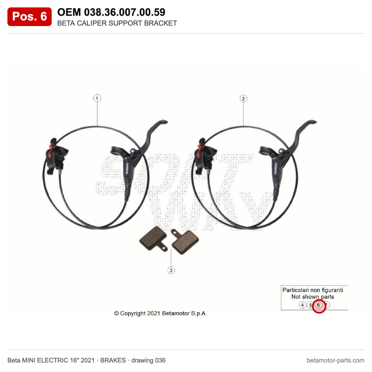BETA CALIPER SUPPORT BRACKET – OEM 038.36.007.00.59, position 6 on the Beta MINI ELECTRIC 16" 2021 brakes drawing