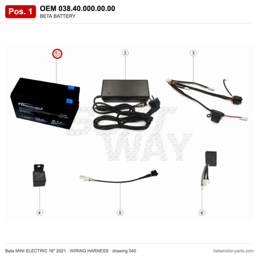 BETA BATTERY – OEM 038.40.000.00.00, position 1 on the Beta MINI ELECTRIC 16" 2021 wiring harness drawing
