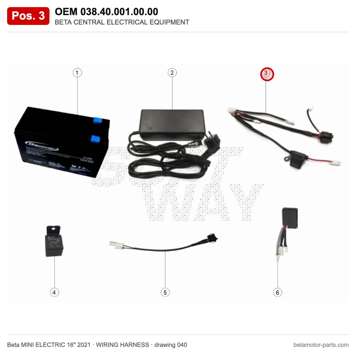 BETA CENTRAL ELECTRICAL EQUIPMENT – OEM 038.40.001.00.00, position 3 on the Beta MINI ELECTRIC 16" 2021 wiring harness drawing