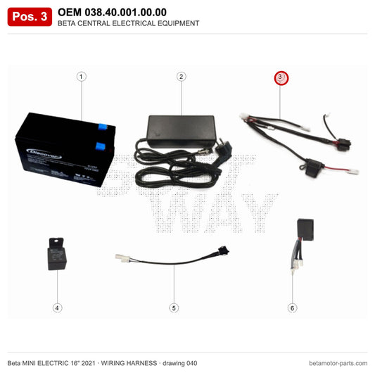 BETA CENTRAL ELECTRICAL EQUIPMENT – OEM 038.40.001.00.00, position 3 on the Beta MINI ELECTRIC 16" 2021 wiring harness drawing