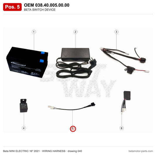 BETA SWITCH DEVICE – OEM 038.40.005.00.00, position 5 on the Beta MINI ELECTRIC 16" 2021 wiring harness drawing