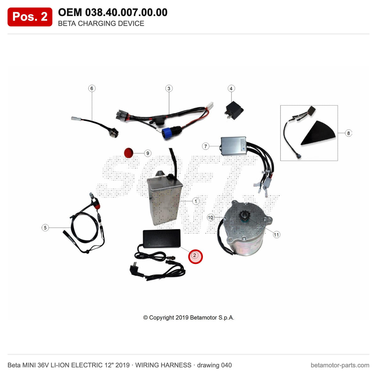 BETA CHARGING DEVICE – OEM 038.40.007.00.00, position 2 on the Beta MINI 36V LI-ION ELECTRIC 12" 2019 wiring harness drawing