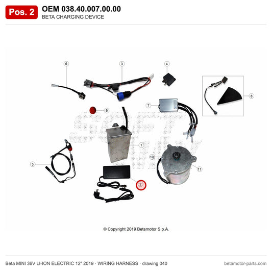BETA CHARGING DEVICE – OEM 038.40.007.00.00, position 2 on the Beta MINI 36V LI-ION ELECTRIC 12" 2019 wiring harness drawing