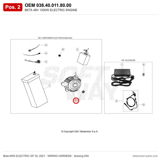 BETA 48V 1350W ELECTRIC ENGINE – OEM 038.40.011.80.00, position 2 on the Beta MINI ELECTRIC 20" XL 2021 wiring harness drawing
