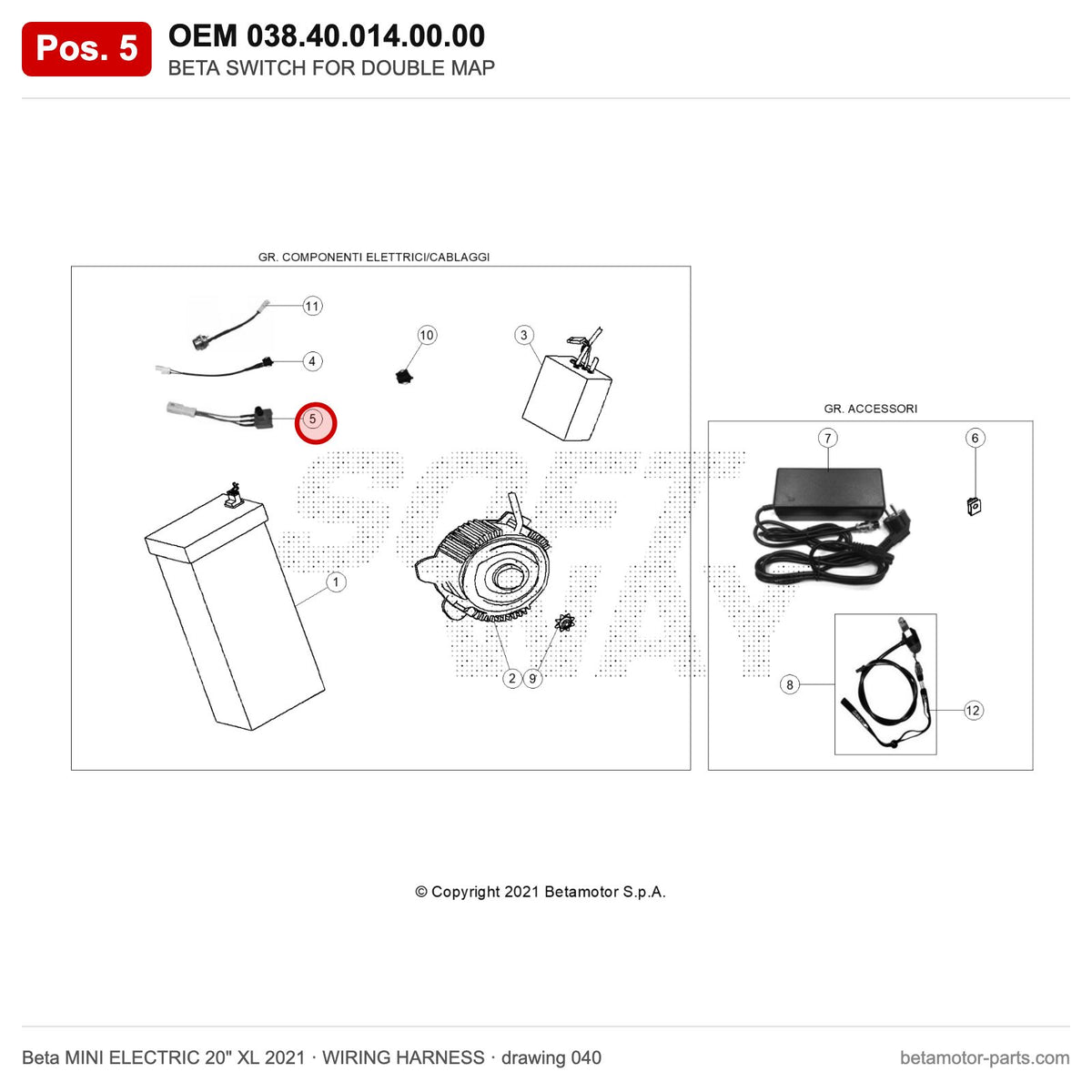 BETA SWITCH FOR DOUBLE MAP – OEM 038.40.014.00.00, position 5 on the Beta MINI ELECTRIC 20" XL 2021 wiring harness drawing