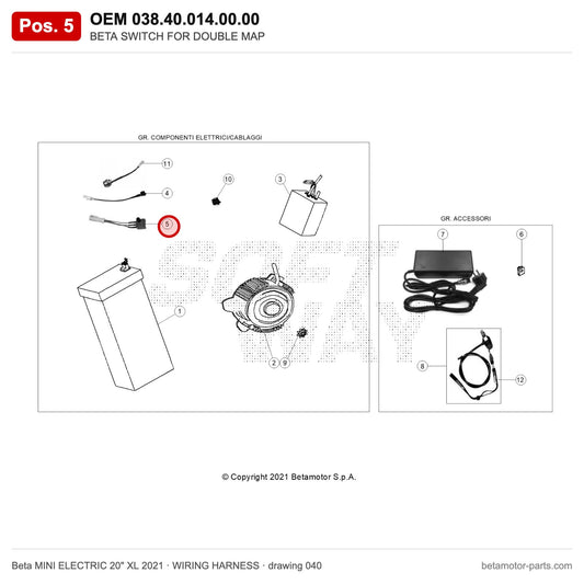 BETA SWITCH FOR DOUBLE MAP – OEM 038.40.014.00.00, position 5 on the Beta MINI ELECTRIC 20" XL 2021 wiring harness drawing