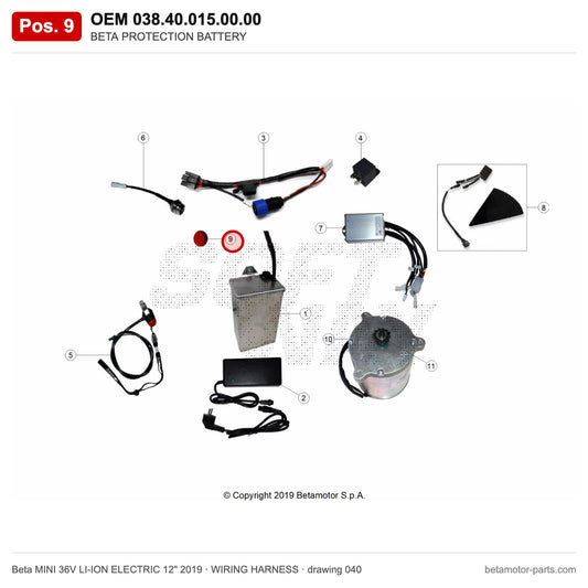 BETA PROTECTION BATTERY – OEM 038.40.015.00.00, position 9 on the Beta MINI 36V LI-ION ELECTRIC 12" 2019 wiring harness drawing