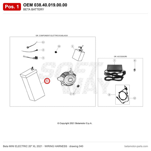 BETA BATTERY – OEM 038.40.019.00.00, position 1 on the Beta MINI ELECTRIC 20" XL 2021 wiring harness drawing