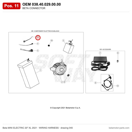 BETA CONNECTOR – OEM 038.40.029.00.00, position 11 on the Beta MINI ELECTRIC 20" XL 2021 wiring harness drawing