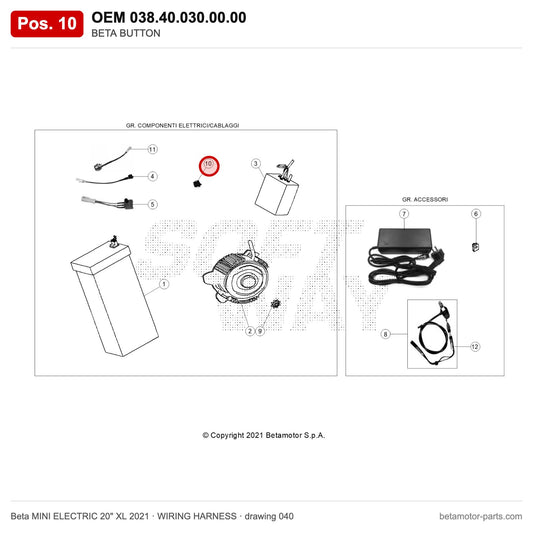 BETA BUTTON – OEM 038.40.030.00.00, position 10 on the Beta MINI ELECTRIC 20" XL 2021 wiring harness drawing