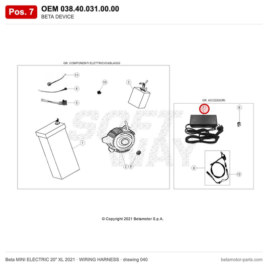 BETA DEVICE – OEM 038.40.031.00.00, position 7 on the Beta MINI ELECTRIC 20" XL 2021 wiring harness drawing