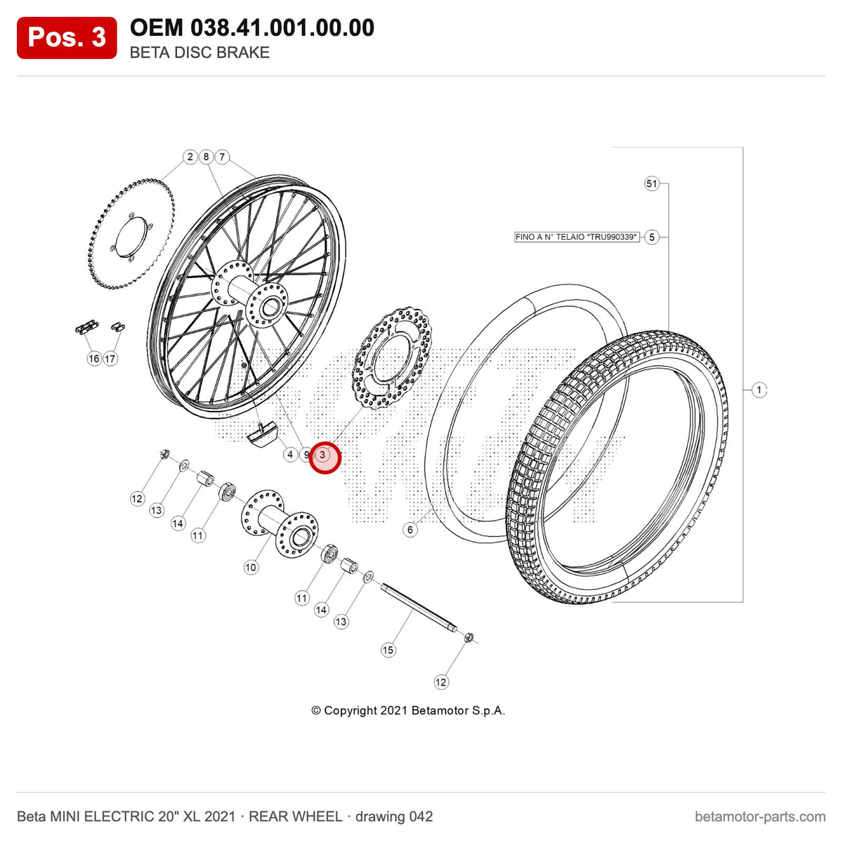 BETA DISC BRAKE – OEM 038.41.001.00.00, position 3 on the Beta MINI ELECTRIC 20" XL 2021 rear wheel drawing