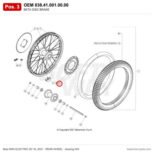 BETA DISC BRAKE – OEM 038.41.001.00.00, position 3 on the Beta MINI ELECTRIC 20" XL 2021 rear wheel drawing