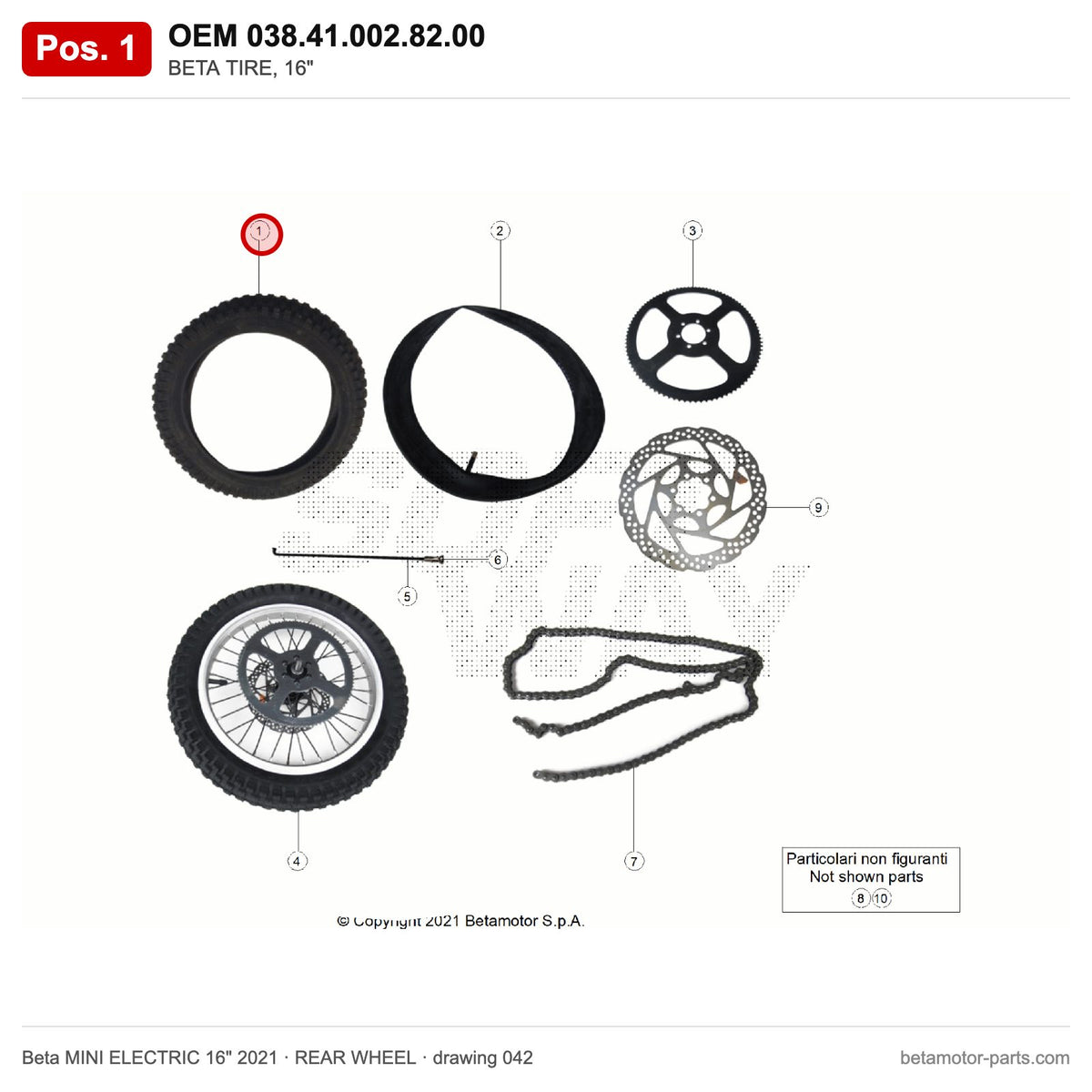 BETA TIRE, 16" – OEM 038.41.002.82.00, position 1 on the Beta MINI ELECTRIC 16" 2021 rear wheel drawing