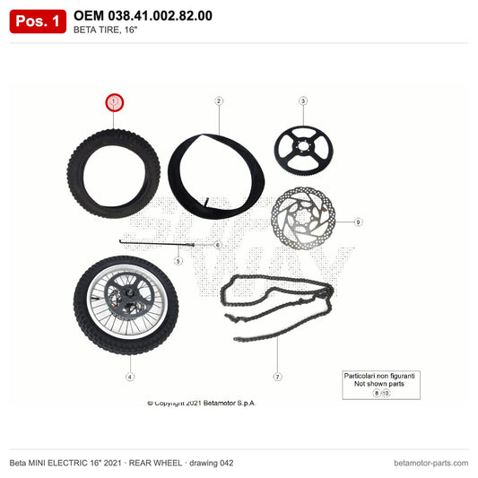 BETA TIRE, 16" – OEM 038.41.002.82.00, position 1 on the Beta MINI ELECTRIC 16" 2021 rear wheel drawing