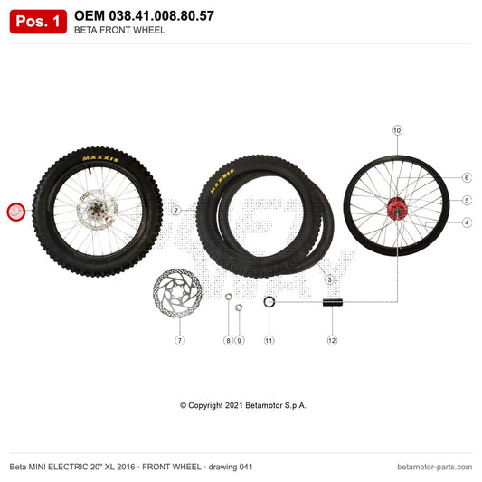 BETA FRONT WHEEL – OEM 038.41.008.80.57, position 1 on the Beta MINI ELECTRIC 20" XL 2016 front wheel drawing