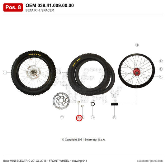 BETA R.H. SPACER – OEM 038.41.009.00.00, position 8 on the Beta MINI ELECTRIC 20" XL 2016 front wheel drawing