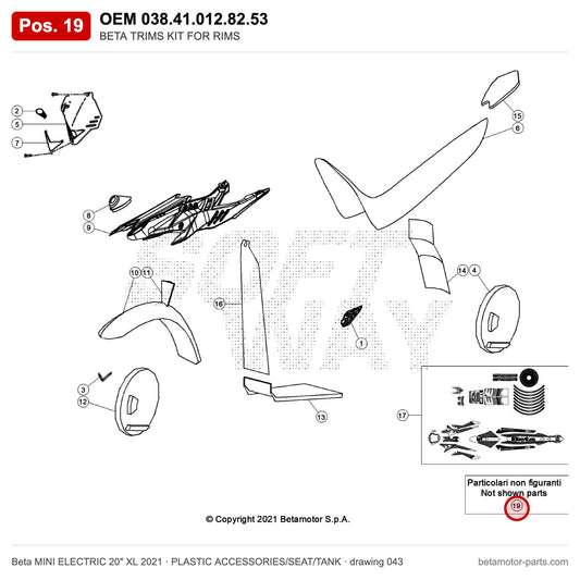 BETA TRIMS KIT FOR RIMS – OEM 038.41.012.82.53, position 19 on the Beta MINI ELECTRIC 20" XL 2021 plastic accessories/seat/tank drawing