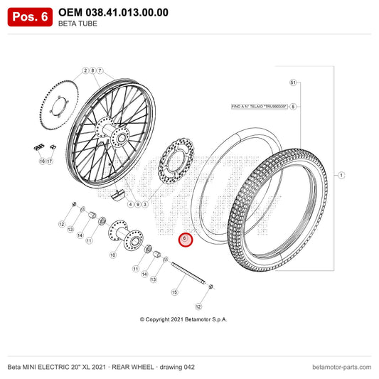 BETA TUBE – OEM 038.41.013.00.00, position 6 on the Beta MINI ELECTRIC 20" XL 2021 rear wheel drawing