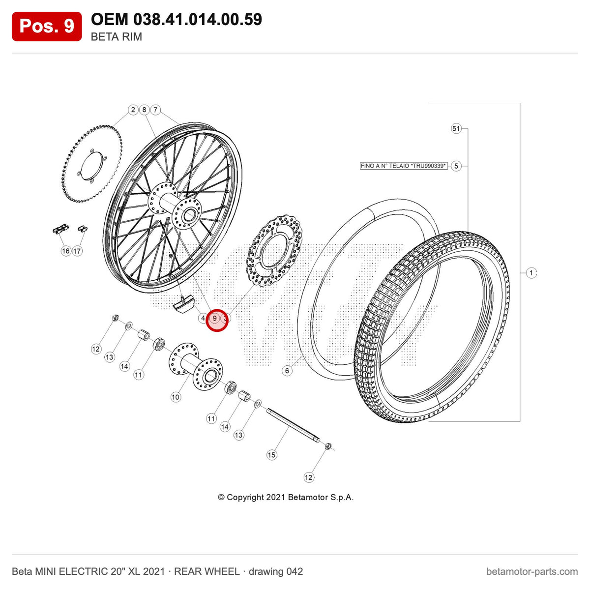 BETA RIM – OEM 038.41.014.00.59, position 9 on the Beta MINI ELECTRIC 20" XL 2021 rear wheel drawing