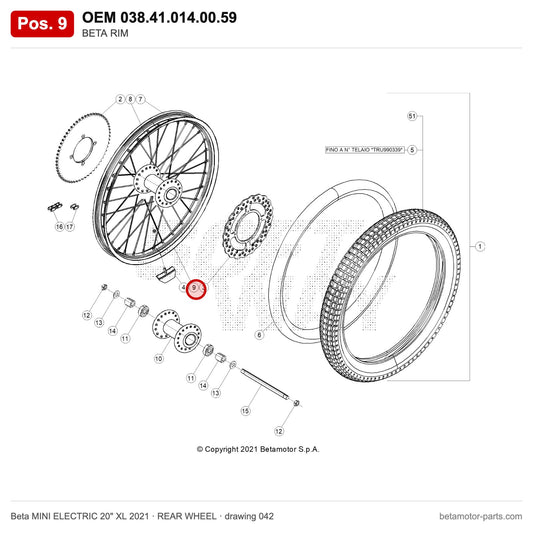 BETA RIM – OEM 038.41.014.00.59, position 9 on the Beta MINI ELECTRIC 20" XL 2021 rear wheel drawing