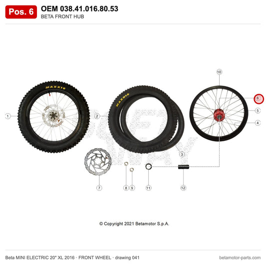 BETA FRONT HUB – OEM 038.41.016.80.53, position 6 on the Beta MINI ELECTRIC 20" XL 2016 front wheel drawing