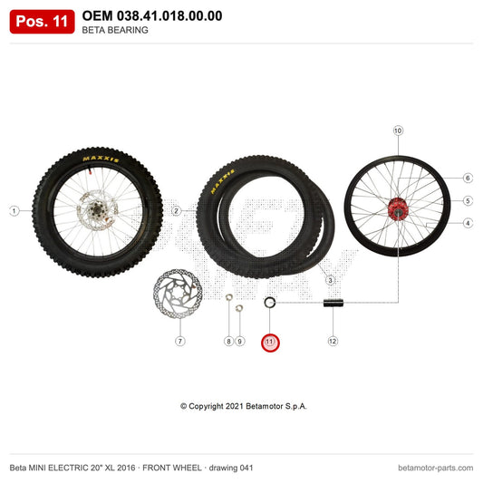 BETA BEARING – OEM 038.41.018.00.00, position 11 on the Beta MINI ELECTRIC 20" XL 2016 front wheel drawing