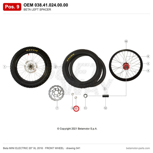BETA LEFT SPACER – OEM 038.41.024.00.00, position 9 on the Beta MINI ELECTRIC 20" XL 2016 front wheel drawing