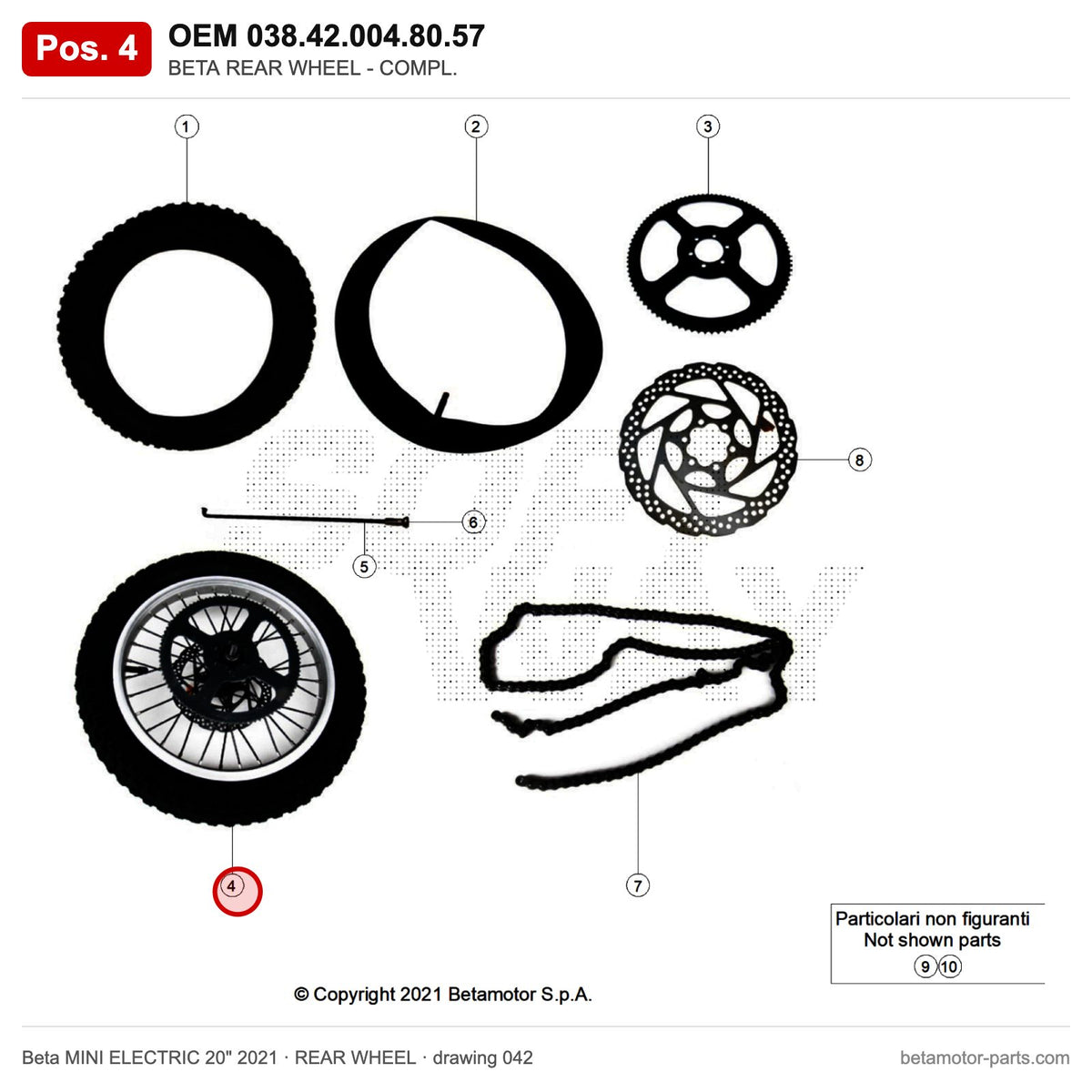 BETA REAR WHEEL - COMPL. – OEM 038.42.004.80.57, position 4 on the Beta MINI ELECTRIC 20" 2021 rear wheel drawing