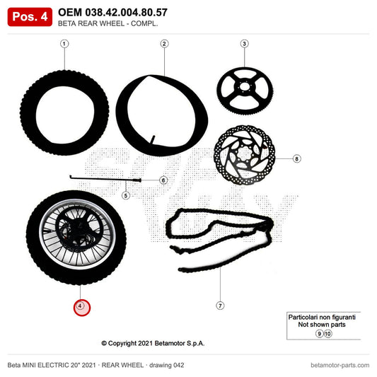 BETA REAR WHEEL - COMPL. – OEM 038.42.004.80.57, position 4 on the Beta MINI ELECTRIC 20" 2021 rear wheel drawing