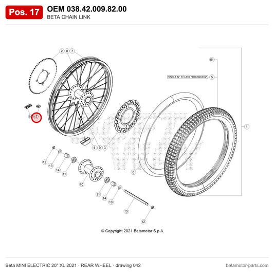 BETA CHAIN LINK – OEM 038.42.009.82.00, position 17 on the Beta MINI ELECTRIC 20" XL 2021 rear wheel drawing