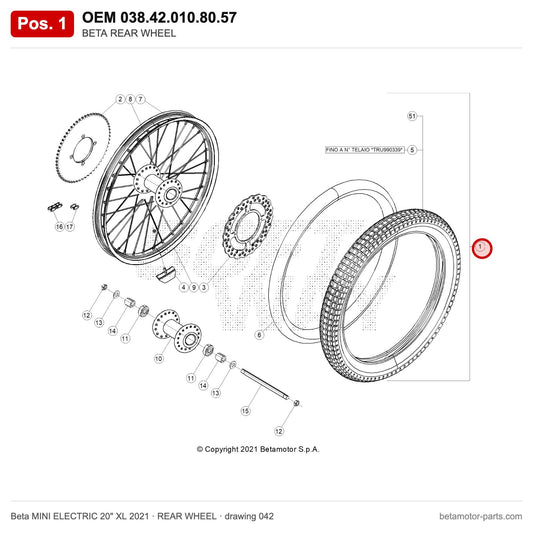 BETA REAR WHEEL – OEM 038.42.010.80.57, position 1 on the Beta MINI ELECTRIC 20" XL 2021 rear wheel drawing