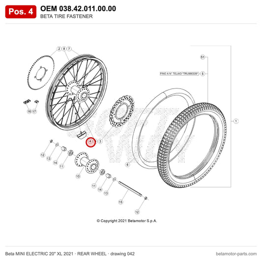 BETA TIRE FASTENER – OEM 038.42.011.00.00, position 4 on the Beta MINI ELECTRIC 20" XL 2021 rear wheel drawing