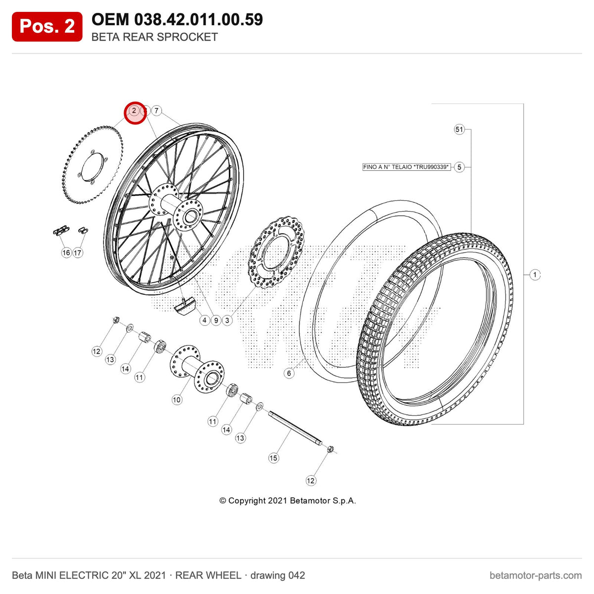 BETA REAR SPROCKET – OEM 038.42.011.00.59, position 2 on the Beta MINI ELECTRIC 20" XL 2021 rear wheel drawing