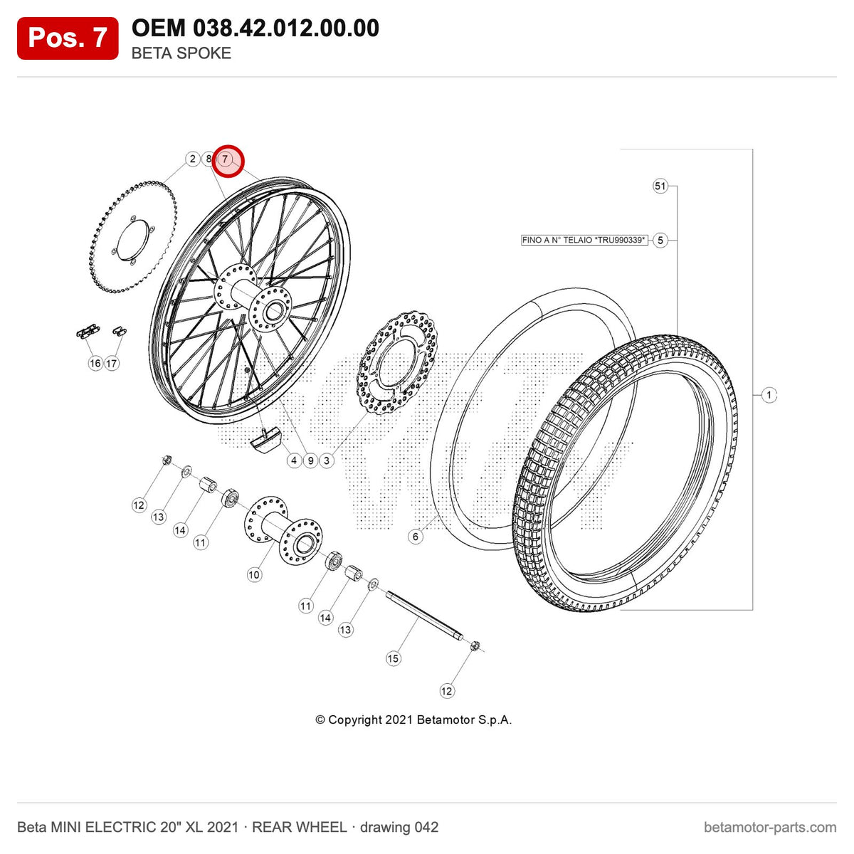 BETA SPOKE – OEM 038.42.012.00.00, position 7 on the Beta MINI ELECTRIC 20" XL 2021 rear wheel drawing