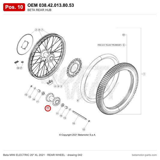 BETA REAR HUB – OEM 038.42.013.80.53, position 10 on the Beta MINI ELECTRIC 20" XL 2021 rear wheel drawing