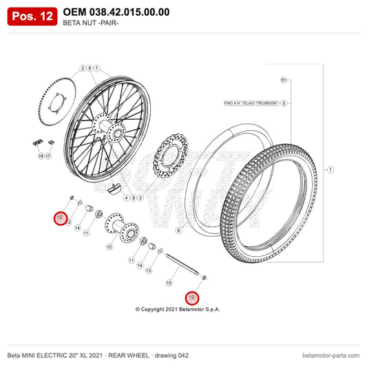 BETA NUT -PAIR- – OEM 038.42.015.00.00, position 12 on the Beta MINI ELECTRIC 20" XL 2021 rear wheel drawing