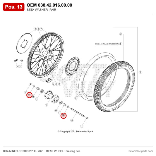 BETA WASHER -PAIR- – OEM 038.42.016.00.00, position 13 on the Beta MINI ELECTRIC 20" XL 2021 rear wheel drawing