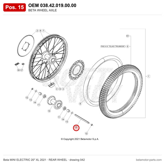 BETA WHEEL AXLE – OEM 038.42.019.00.00, position 15 on the Beta MINI ELECTRIC 20" XL 2021 rear wheel drawing