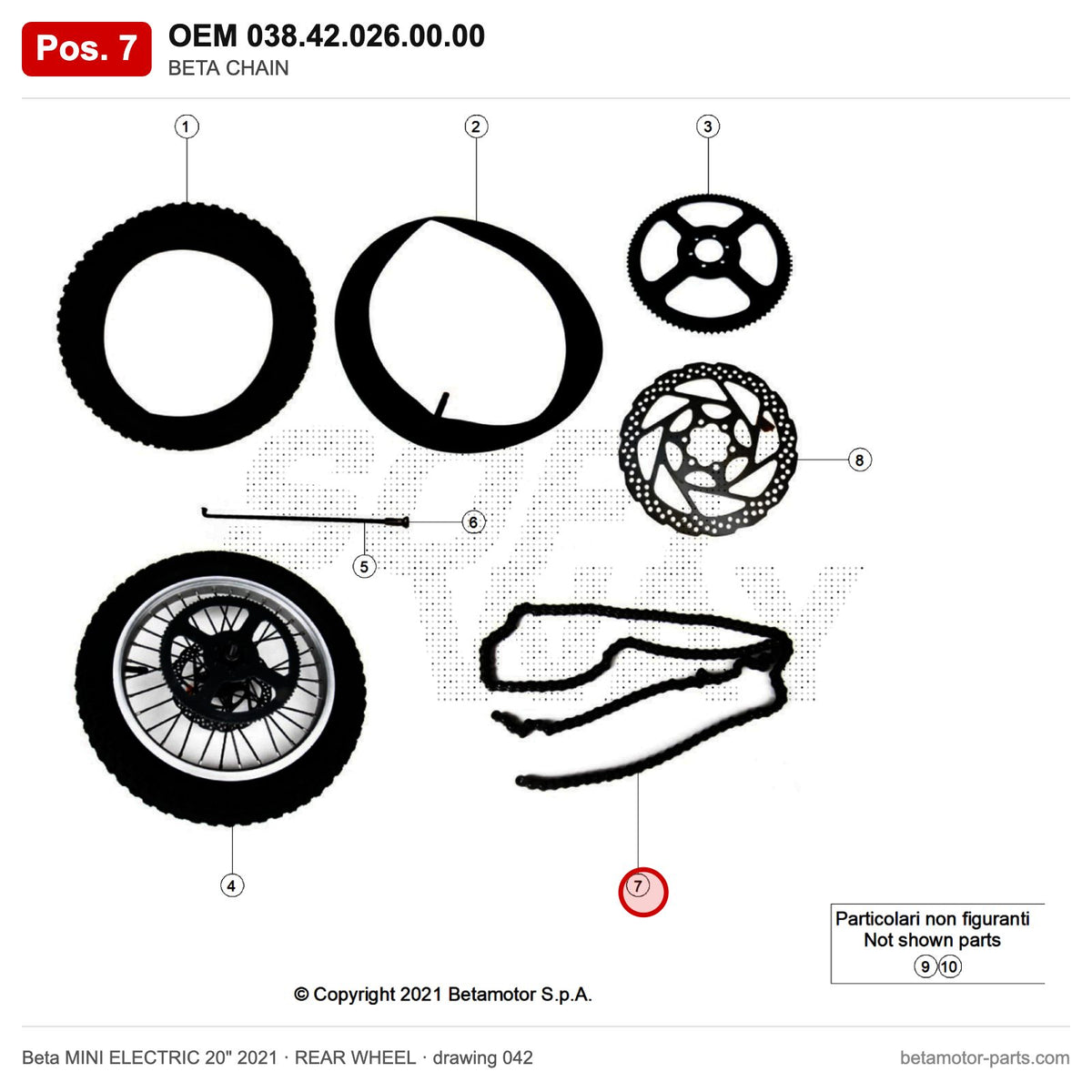 BETA CHAIN – OEM 038.42.026.00.00, position 7 on the Beta MINI ELECTRIC 20" 2021 rear wheel drawing