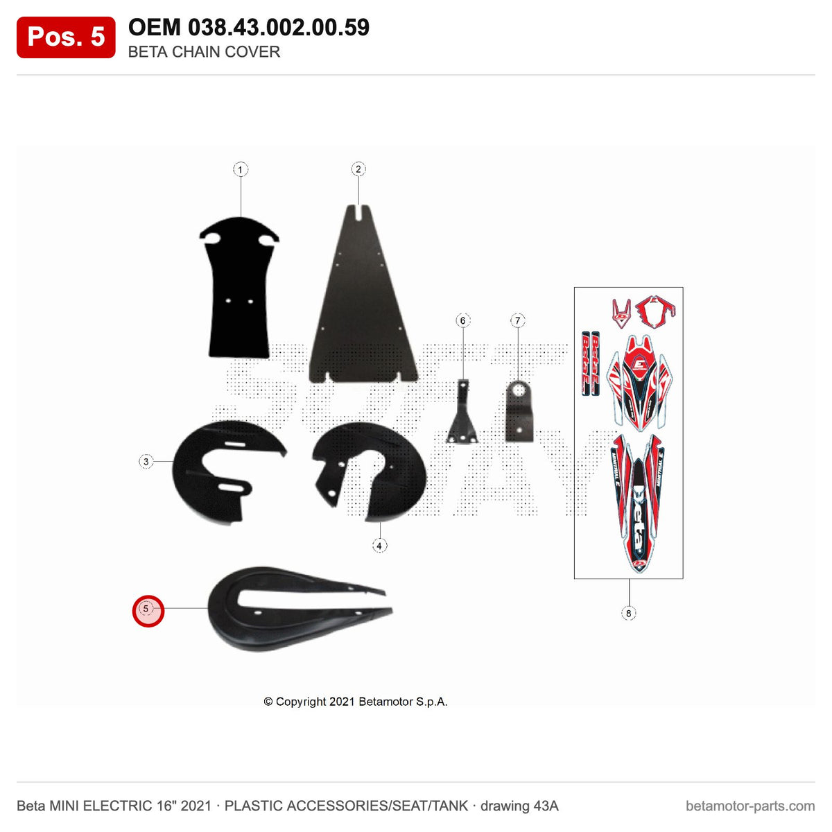BETA CHAIN COVER – OEM 038.43.002.00.59, position 5 on the Beta MINI ELECTRIC 16" 2021 plastic accessories/seat/tank drawing