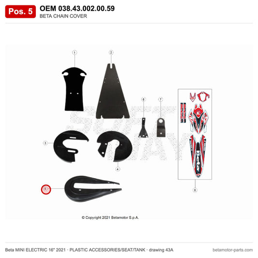 BETA CHAIN COVER – OEM 038.43.002.00.59, position 5 on the Beta MINI ELECTRIC 16" 2021 plastic accessories/seat/tank drawing