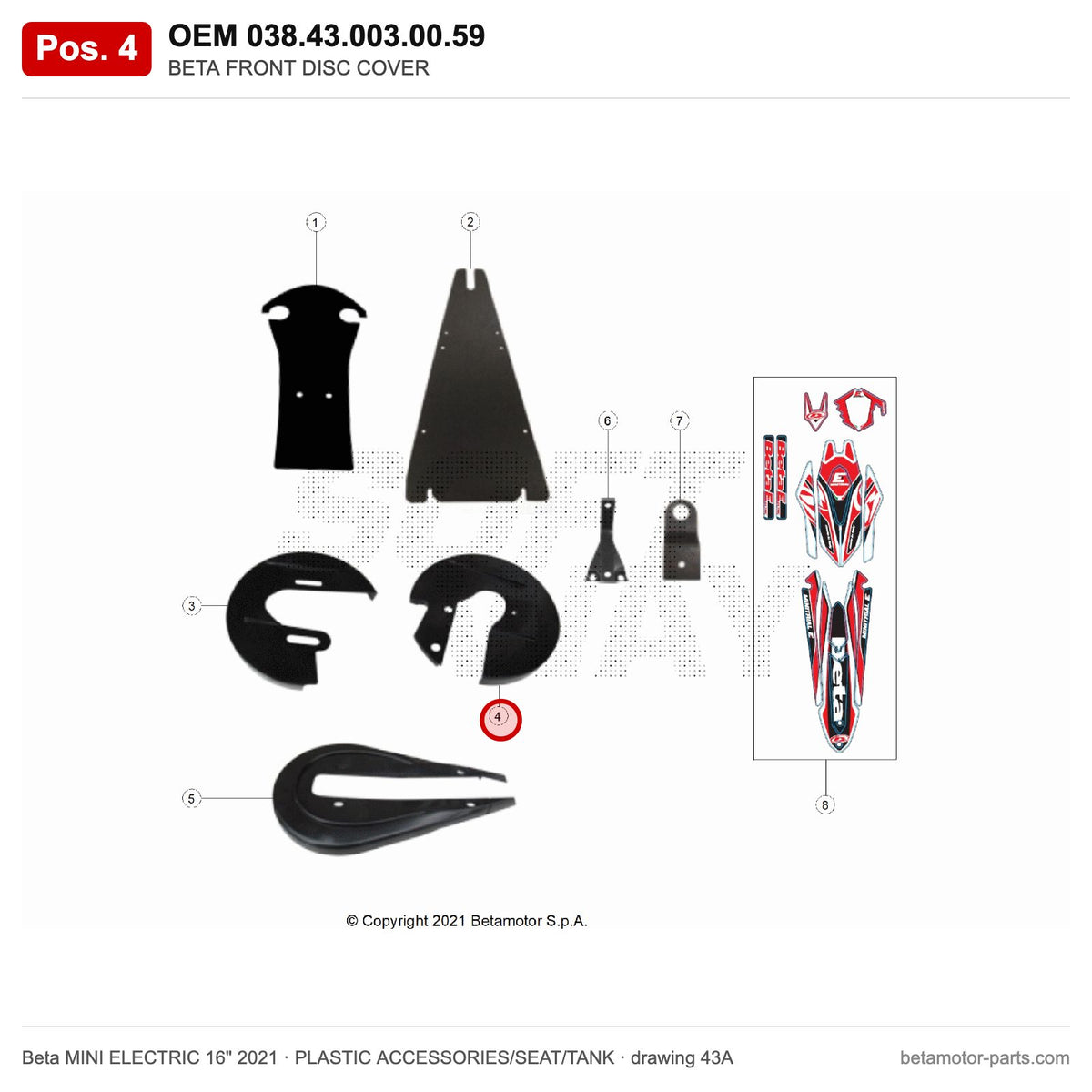 BETA FRONT DISC COVER – OEM 038.43.003.00.59, position 4 on the Beta MINI ELECTRIC 16" 2021 plastic accessories/seat/tank drawing