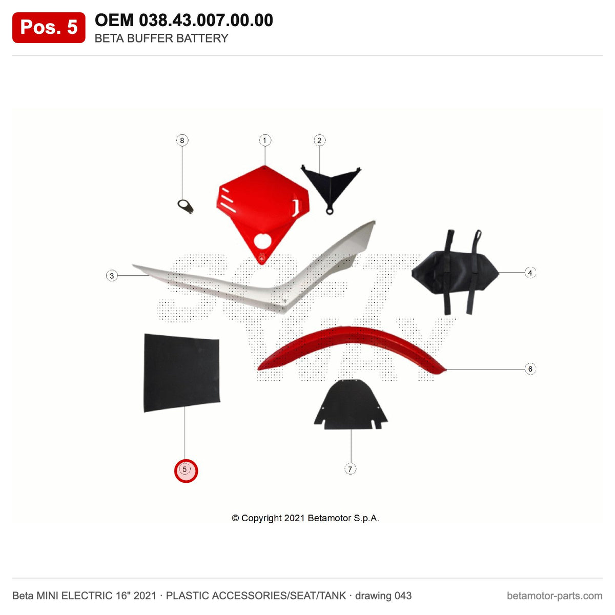 BETA BUFFER BATTERY – OEM 038.43.007.00.00, position 5 on the Beta MINI ELECTRIC 16" 2021 plastic accessories/seat/tank drawing