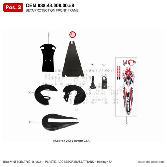 BETA PROTECTION FRONT FRAME – OEM 038.43.008.00.59, position 2 on the Beta MINI ELECTRIC 16" 2021 plastic accessories/seat/tank drawing