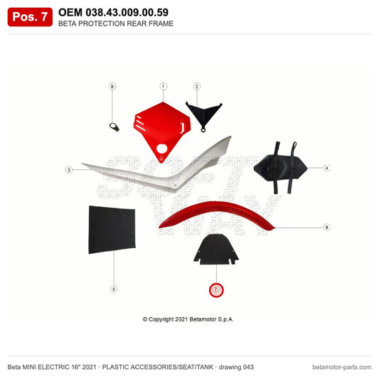 BETA PROTECTION REAR FRAME – OEM 038.43.009.00.59, position 7 on the Beta MINI ELECTRIC 16" 2021 plastic accessories/seat/tank drawing