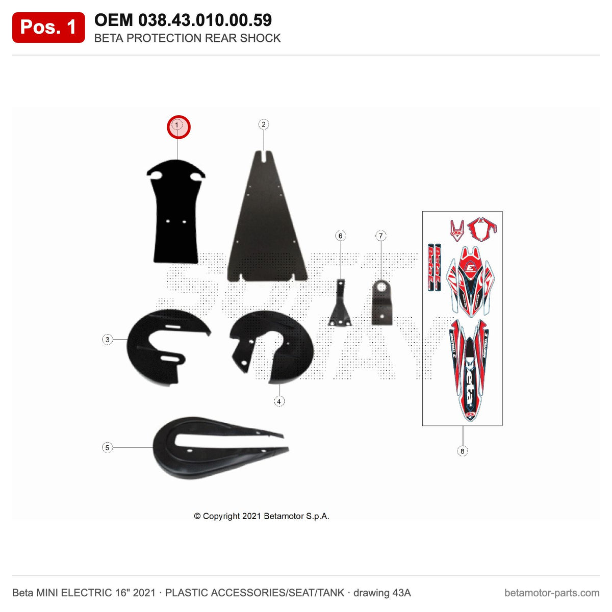 BETA PROTECTION REAR SHOCK – OEM 038.43.010.00.59, position 1 on the Beta MINI ELECTRIC 16" 2021 plastic accessories/seat/tank drawing