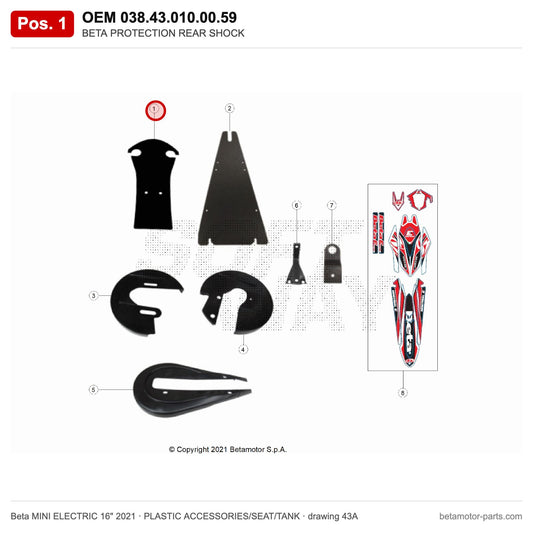 BETA PROTECTION REAR SHOCK – OEM 038.43.010.00.59, position 1 on the Beta MINI ELECTRIC 16" 2021 plastic accessories/seat/tank drawing